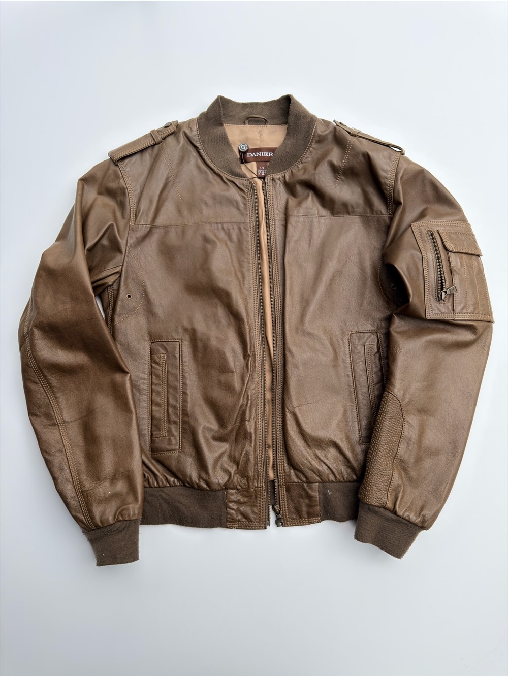 Danier Mens Genuine Leather Bomber Jacket Utility Flight Coat Taupe Brown Size L